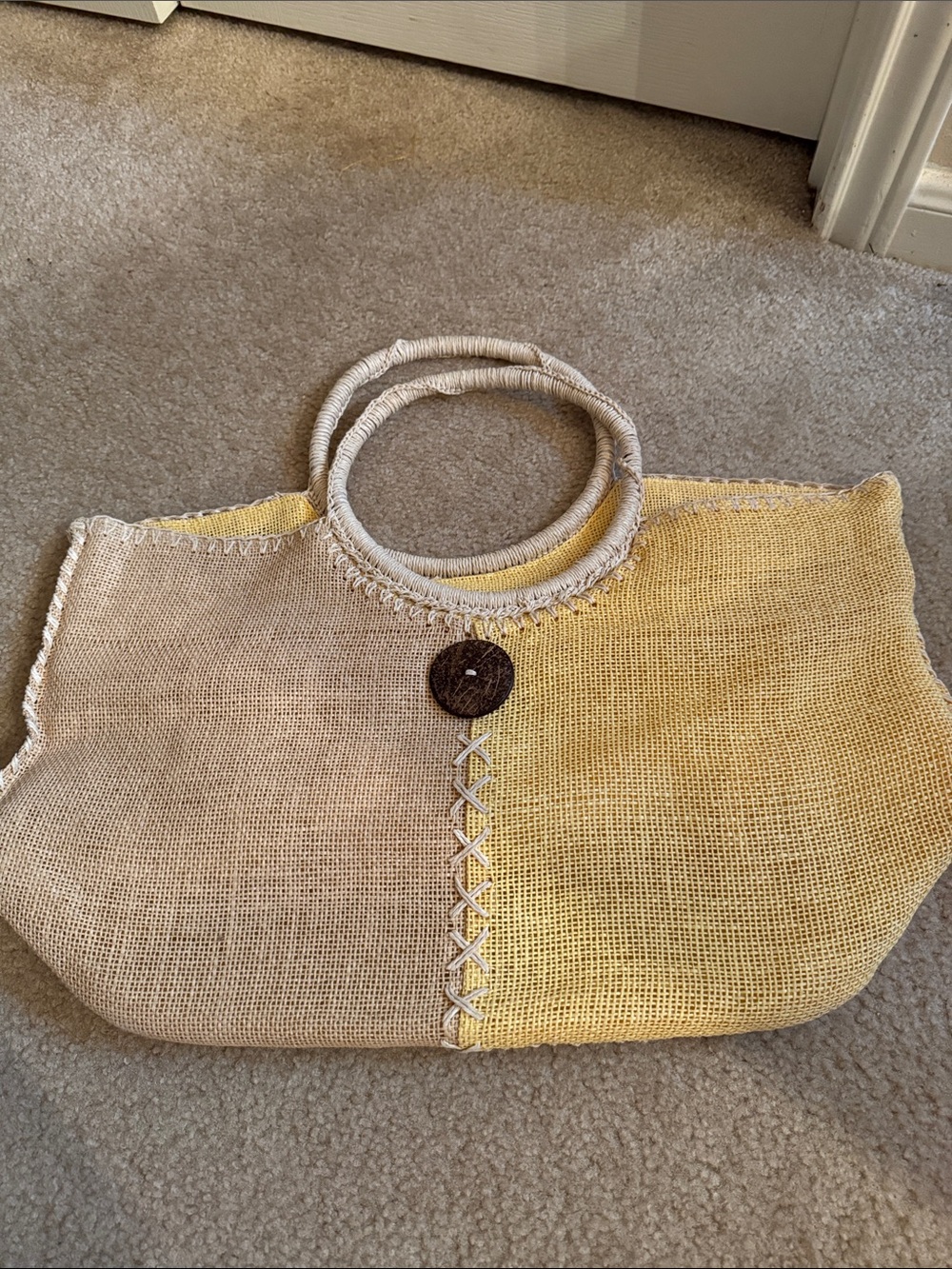 Two-Tone Yellow & Beige Straw Tote with Round Handles